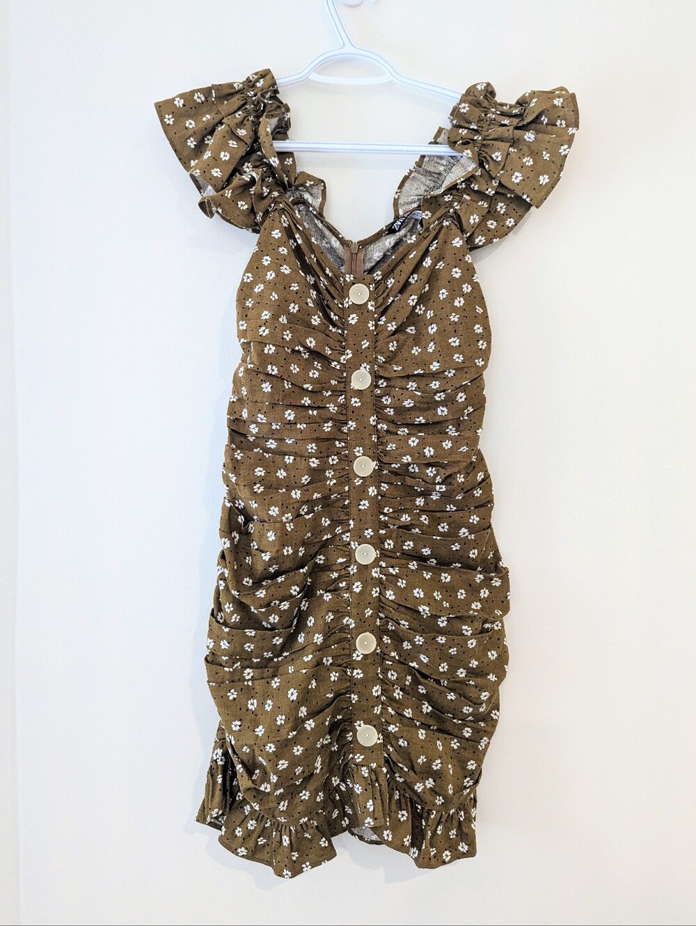 Zara Olive Floral Ruffle Ruched Mini Dress - Picture 5 of 11